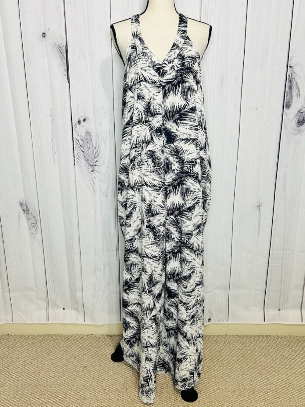 Entro Sz Large Racerback Maxi Dress Beach Resort Lined Navy Ivory